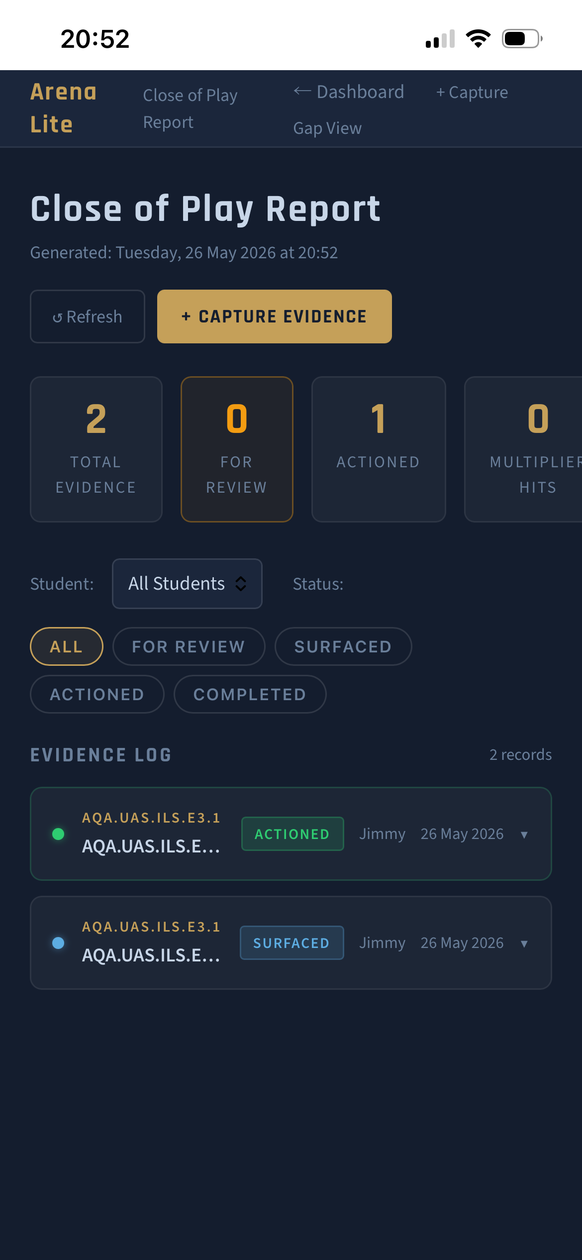 Arena Lite COP Report — cross-referencing qualifications screen showing evidence mapped to curriculum units with AI-suggested matches