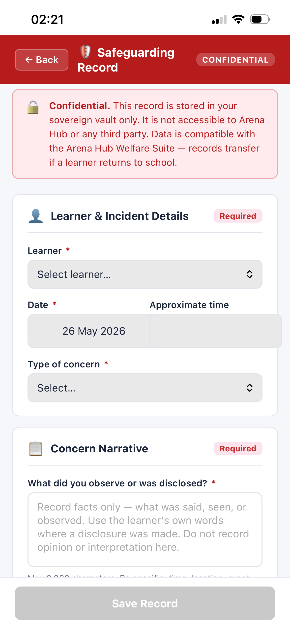 Arena Lite Safeguarding Record — confidential sovereign vault screen showing learner and incident details with concern narrative, data stored in practitioner's own Google Drive