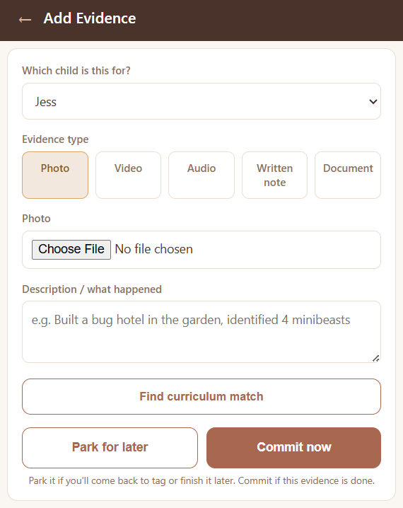 Hestia Add Evidence screen — photo, video, audio or written note capture with curriculum matching