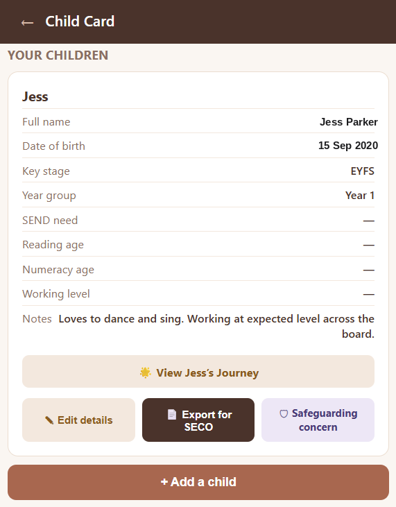 Hestia Child Card screen — child profile, key stage, notes, journey and SECO export