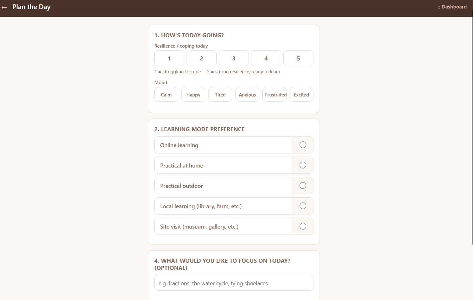 Hestia Plan the Day screen — resilience and mood check-in, learning mode preference