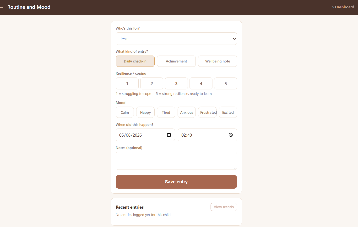 Hestia Routine and Mood screen — resilience score and mood tags logged with a timestamp