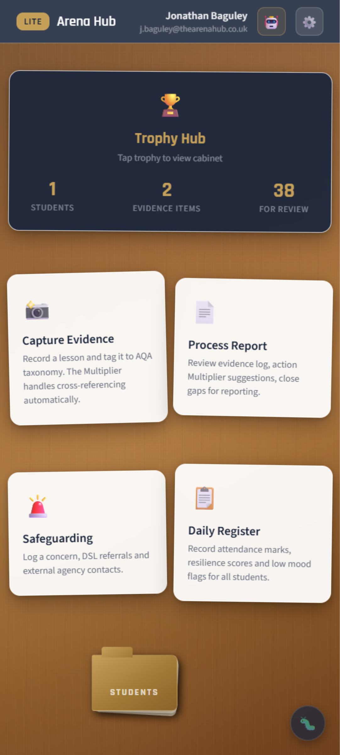 Arena Lite dashboard — Trophy Hub live snapshot with Capture Evidence, Process Report, Safeguarding and Daily Register